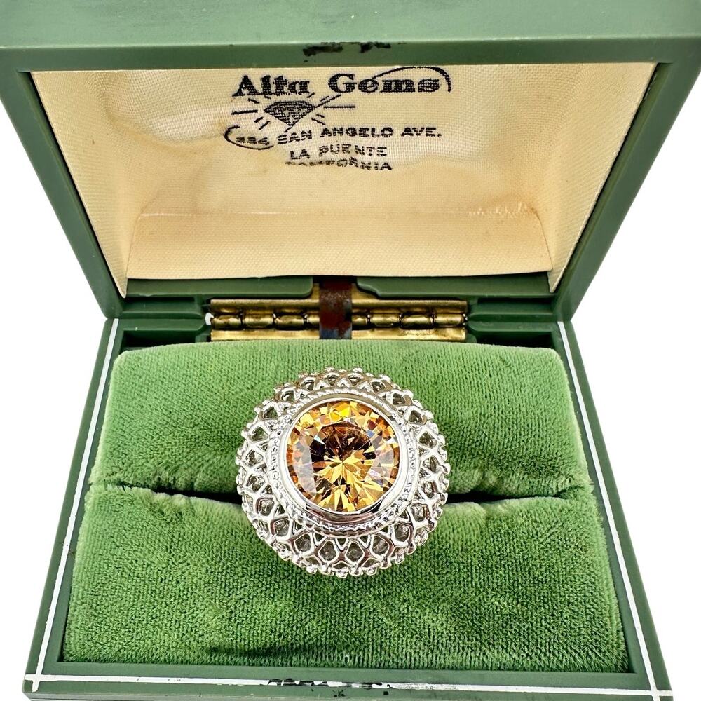 Amber Crystal Gemstone Vintage Style Lattice Silver Tone Size 9 Cocktail Ring